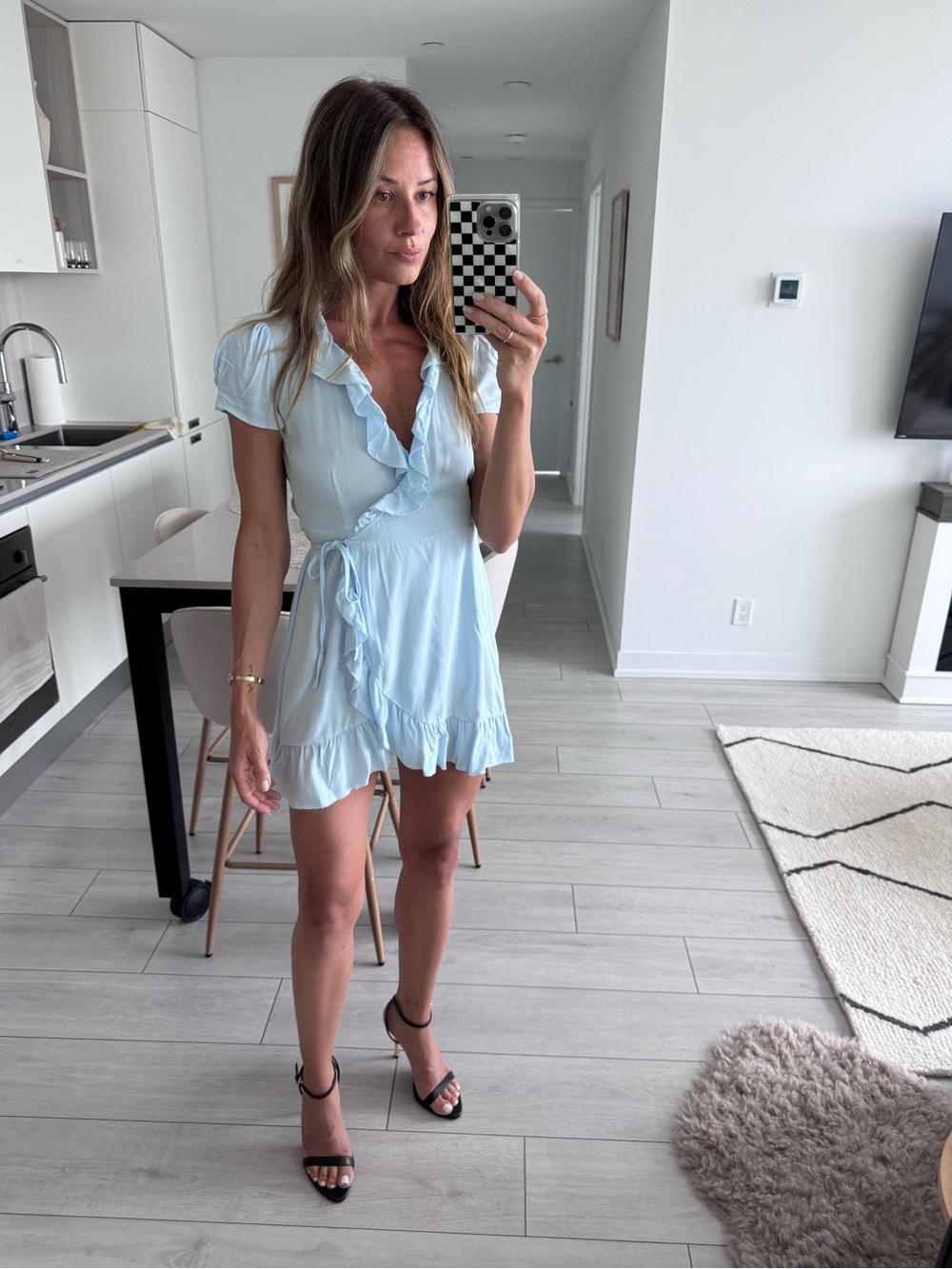 Sunday Best Light Blue Ruffle Wrap Mini Dress